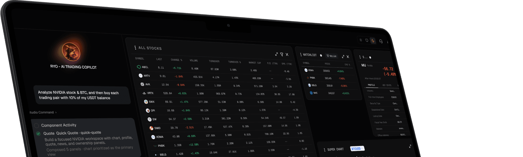 RYO trading terminal on a laptop: AI copilot chat next to live stock tables and watchlist
