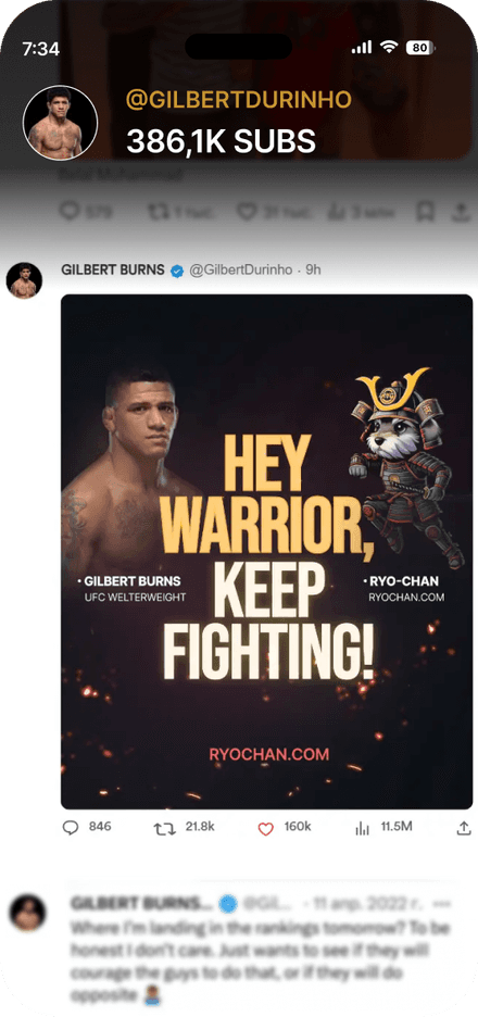 X post by Gilbert Burns (@GilbertDurinho, 386.1K subscribers) with the RYO-CHAN “Hey warrior, keep fighting!” creative
