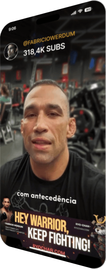 Instagram story by @fabriciowerdum (318.4K subscribers) featuring the RYO-CHAN “Hey warrior, keep fighting!” banner