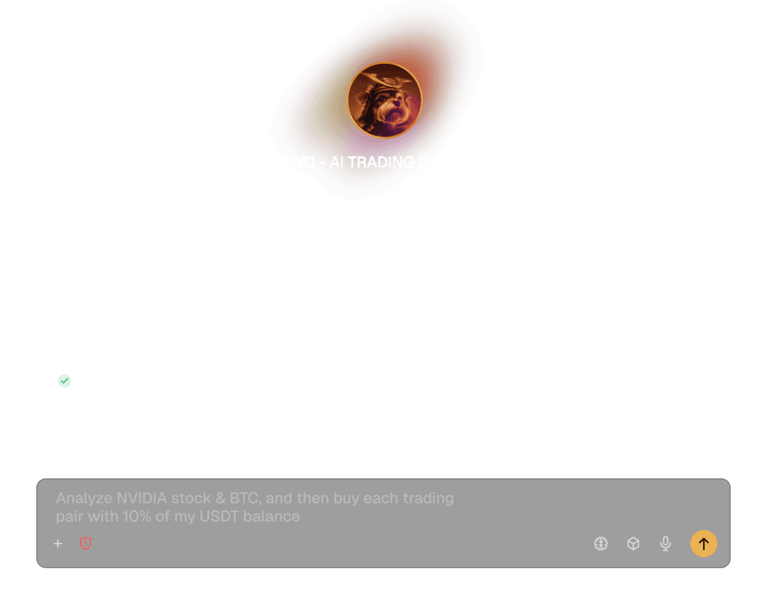 RYO AI trading copilot chat: a request to analyze NVIDIA stock and BTC and buy each pair with 10% of the USDT balance